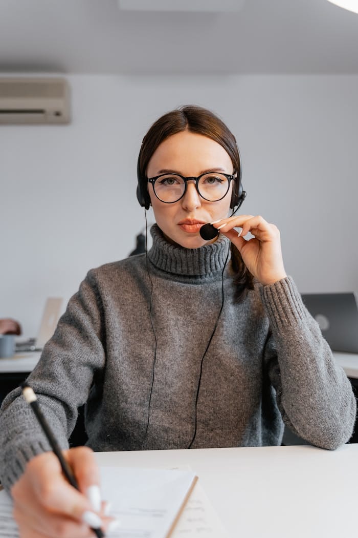 Professional female call center agent focused on a task in her modern office.